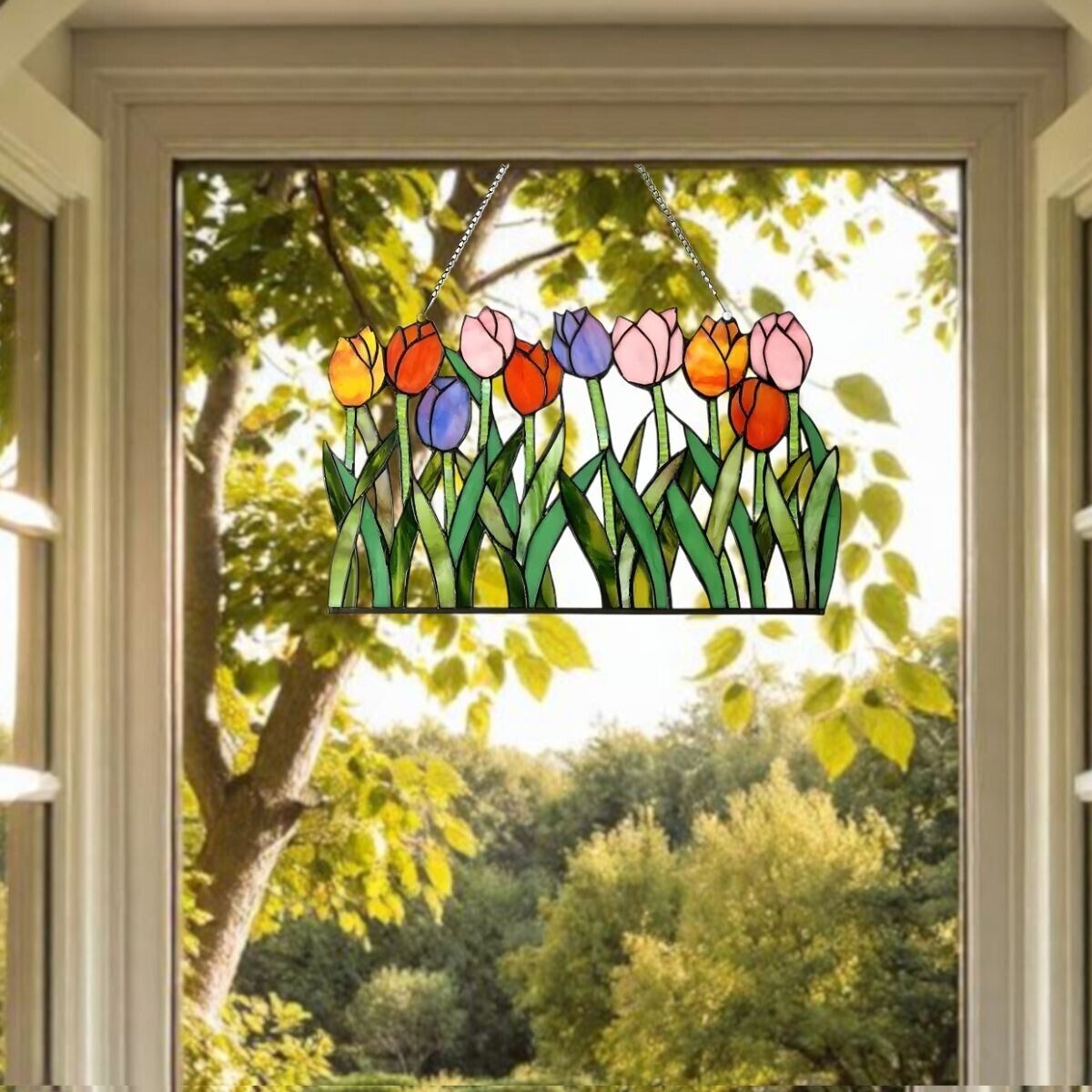 Tiffany Style Tulip Theme Stained Glass Window Panel Suncatcher 18x11in