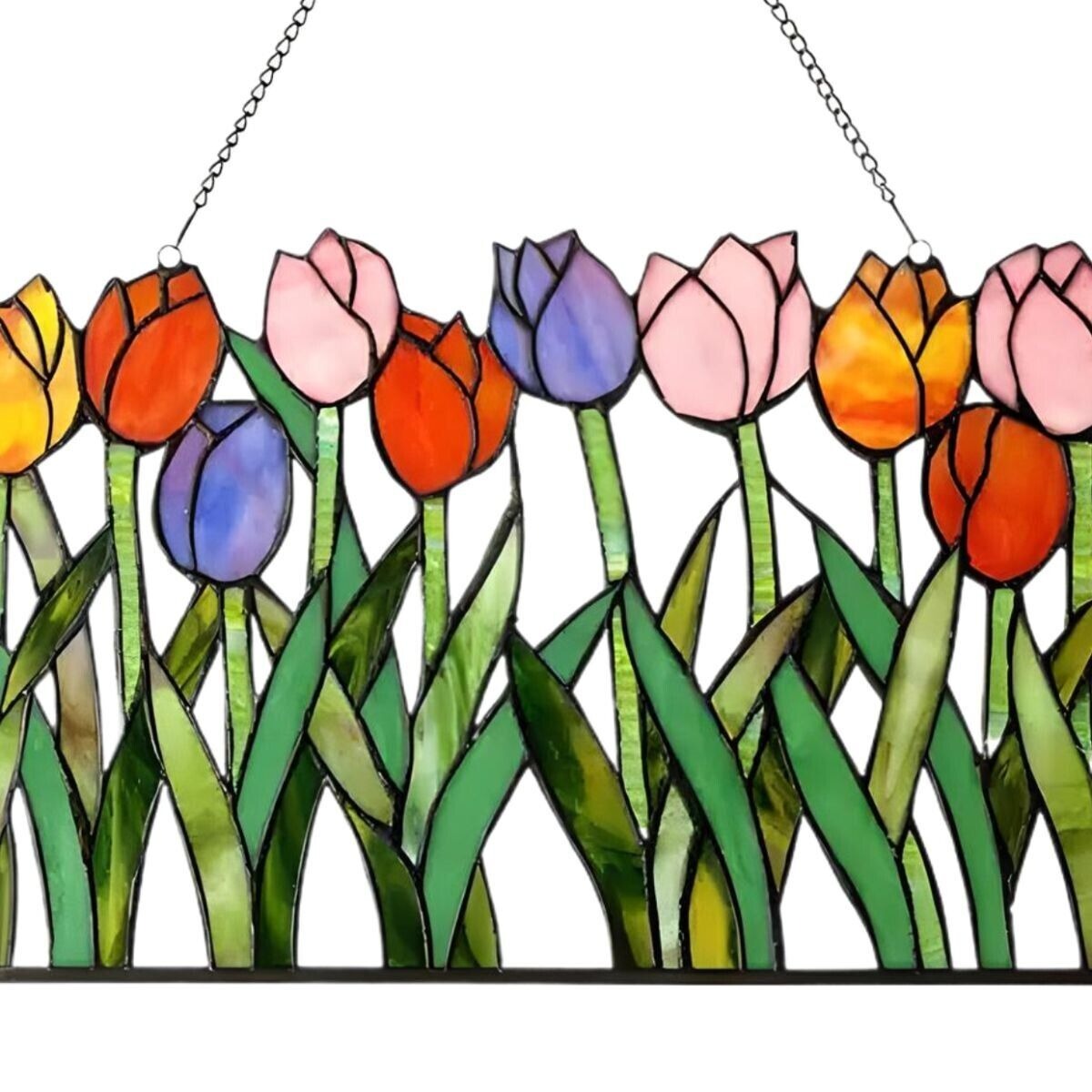 Tiffany Style Tulip Theme Stained Glass Window Panel Suncatcher 18x11in