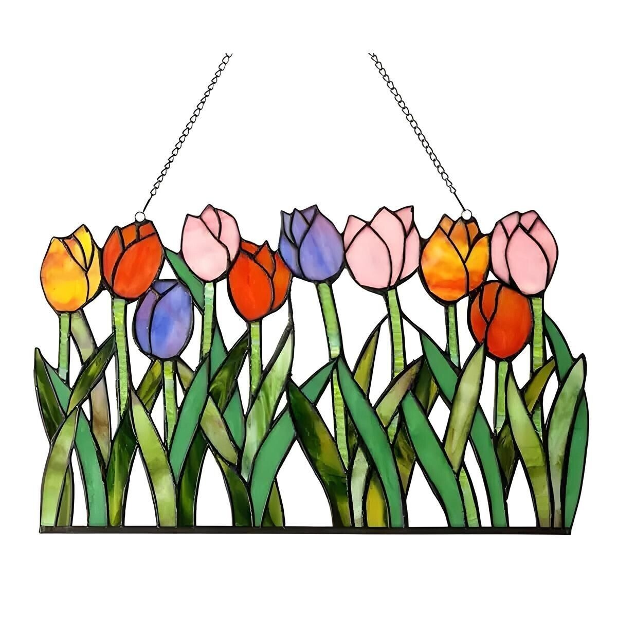 Tiffany Style Tulip Theme Stained Glass Window Panel Suncatcher 18x11in