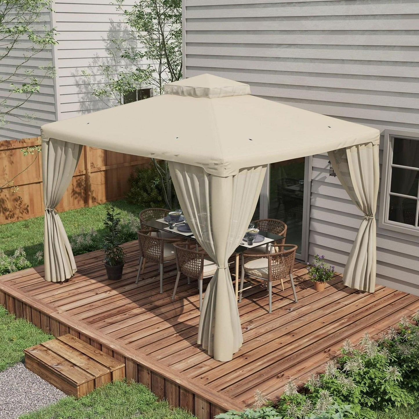 Cream White Patio Gazebo Tier Canopy, Mesh Walls & Powder-Coated Frame 9.6x11.6