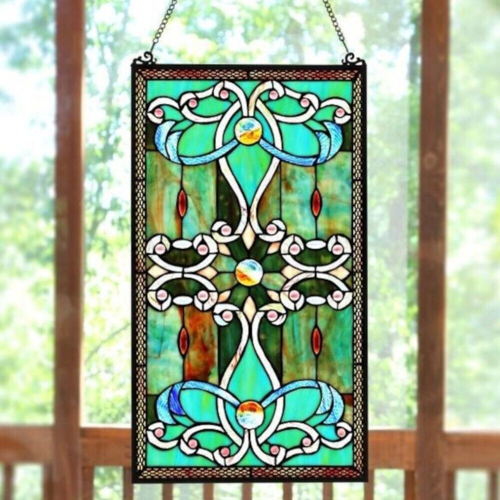 Tiffany Style Stained Glass Green Window Panel Suncatcher 15in X 26in