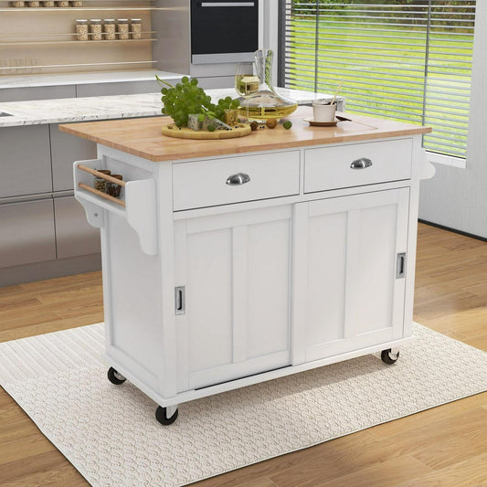 Stylish Drop Leaf Rolling Kitchen Island with Storage - in White Finish