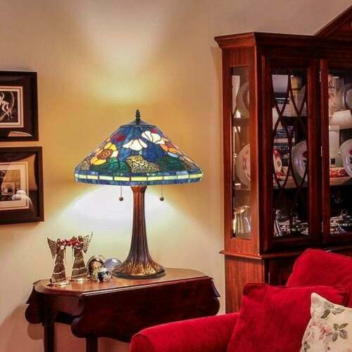 Set of 2 - Tiffany Style Golden Poppy Stained Glass Table Reading Accent Lamp