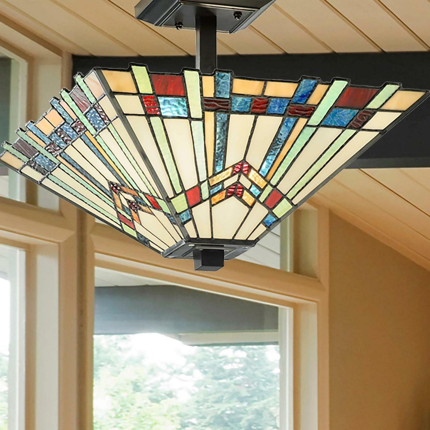 Multicolor Stained Glass Semi-Flushmount Ceiling Mission Style Light