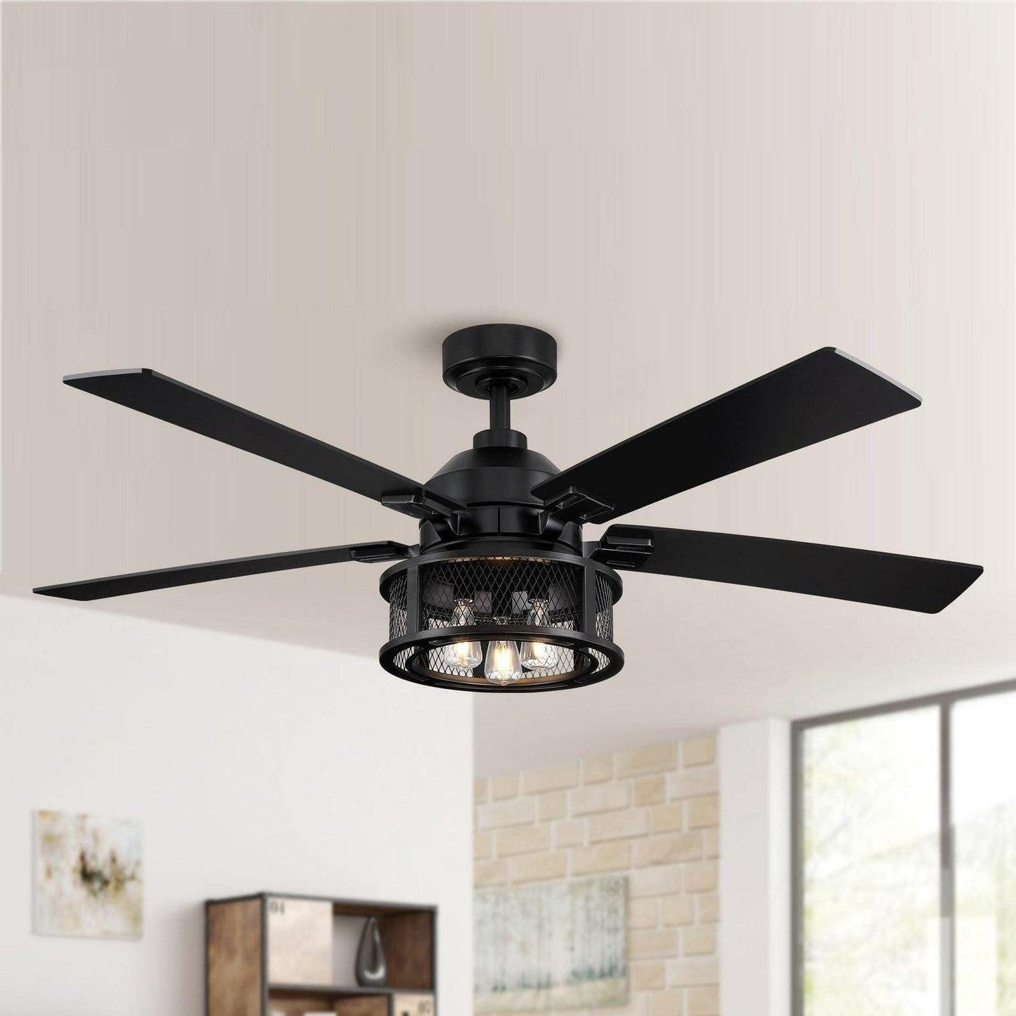 Industrial Style Mesh Caged Light 5-Blade LED Ceiling Fan with Remote Control