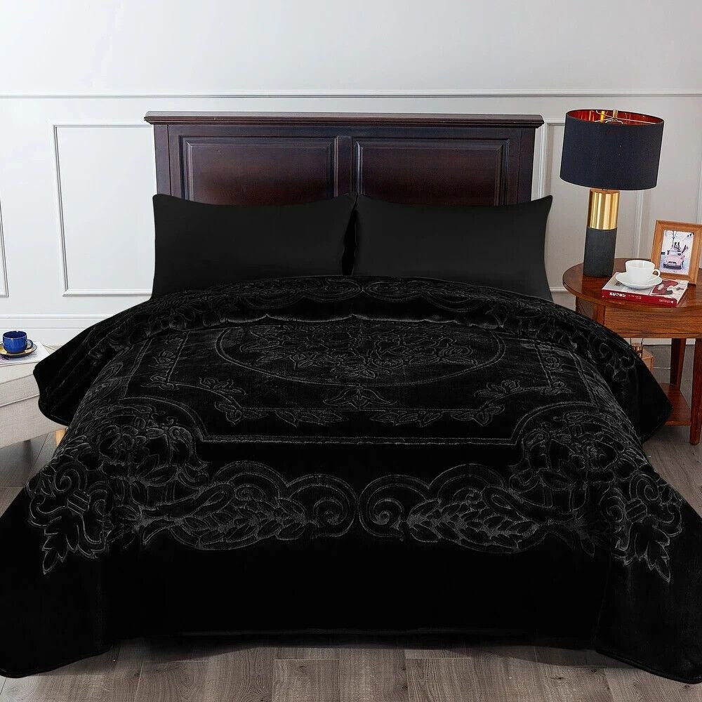 Luxurious Oversized Floral Embossed Bed Blanket/Cover in Black