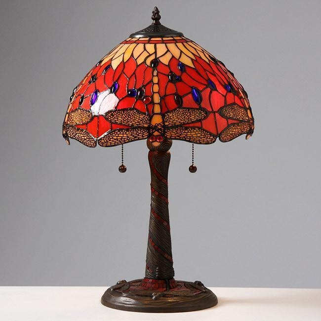 Ruby Red Stained Glass Tiffany Style Dragonfly Theme Accent Table Lamp 22inT