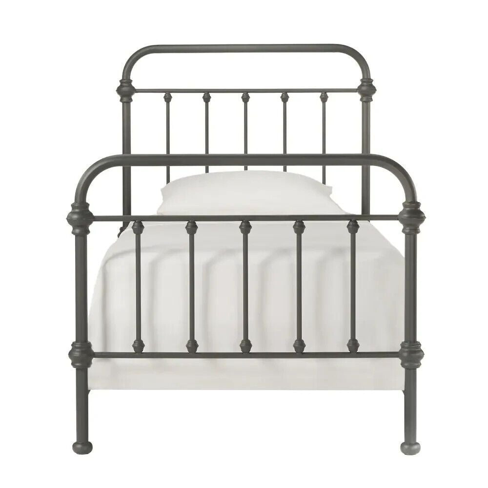 Antique-Style Iron Bed Frame with Flowing Curved Spindle Design, Grey, Full Sz