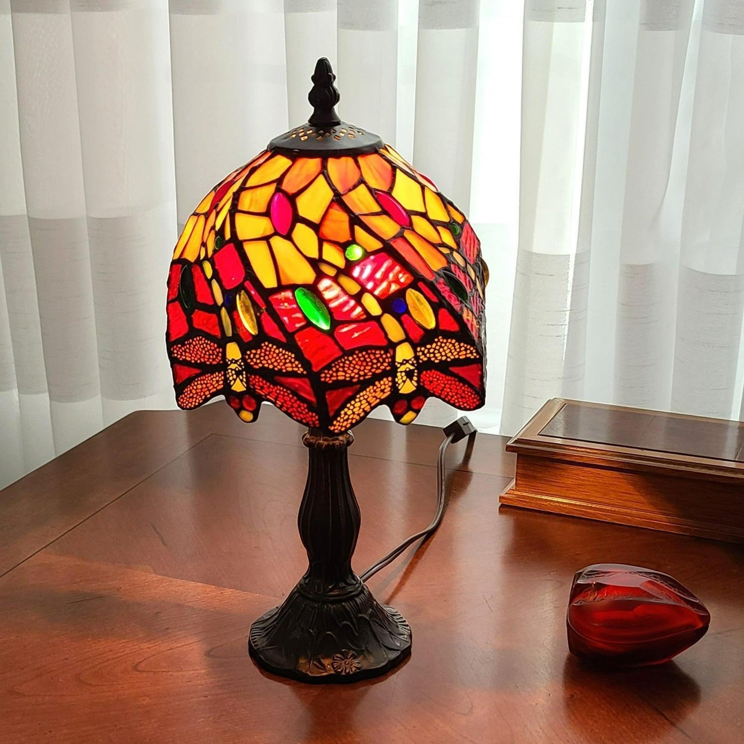 Tiffany Style Mini 14.5in Accent Table Lamp Stained Glass Red Dragonfly