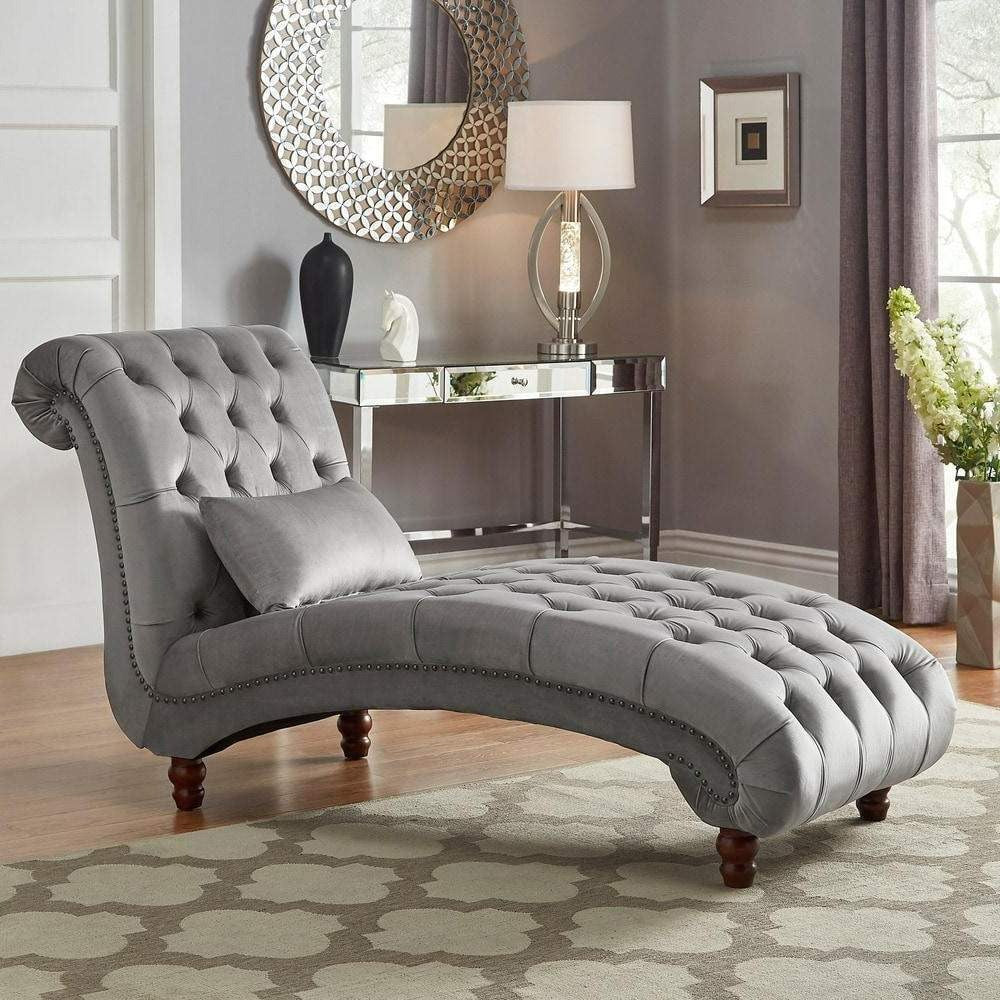 Light Grey Velvet Upholstered Oversized Chaise Lounge Chair Sofa w/ Pillow