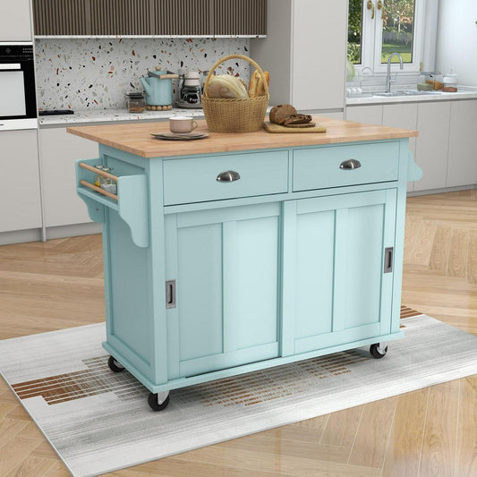 Stylish Drop Leaf Rolling Kitchen Island with Storage - in Mint Green Finish