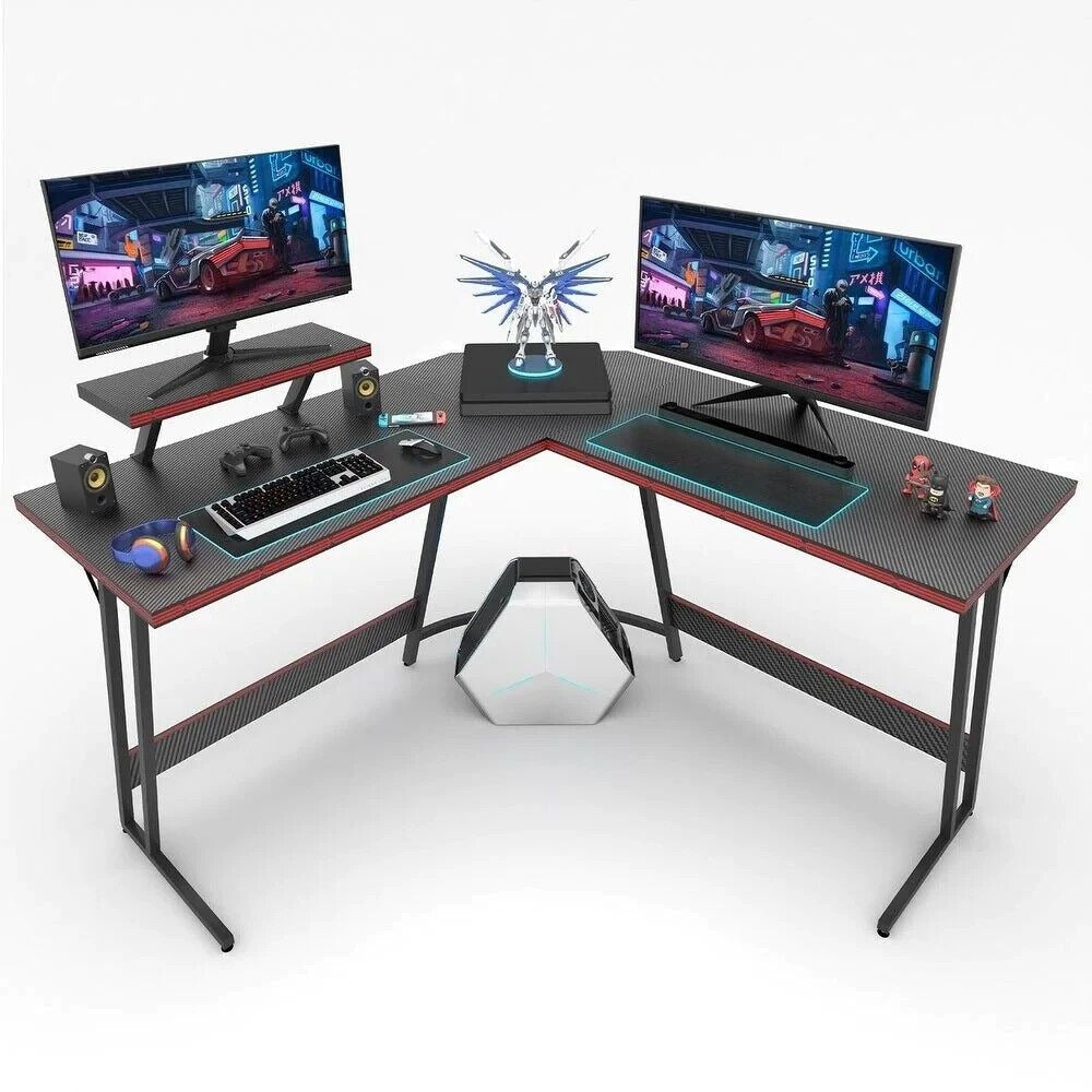 Style & Function: Black w/ Red Trim Finish L-Shaped Corner Computer Gaming Desk