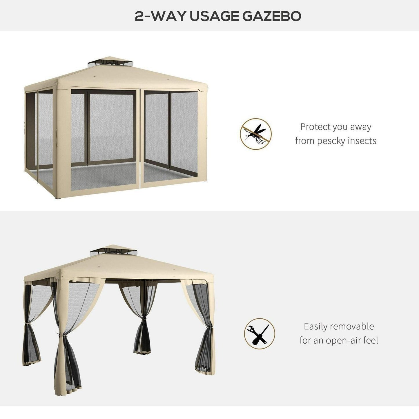 Cream White Patio Gazebo Tier Canopy, Mesh Walls & Powder-Coated Frame 9.6x11.6