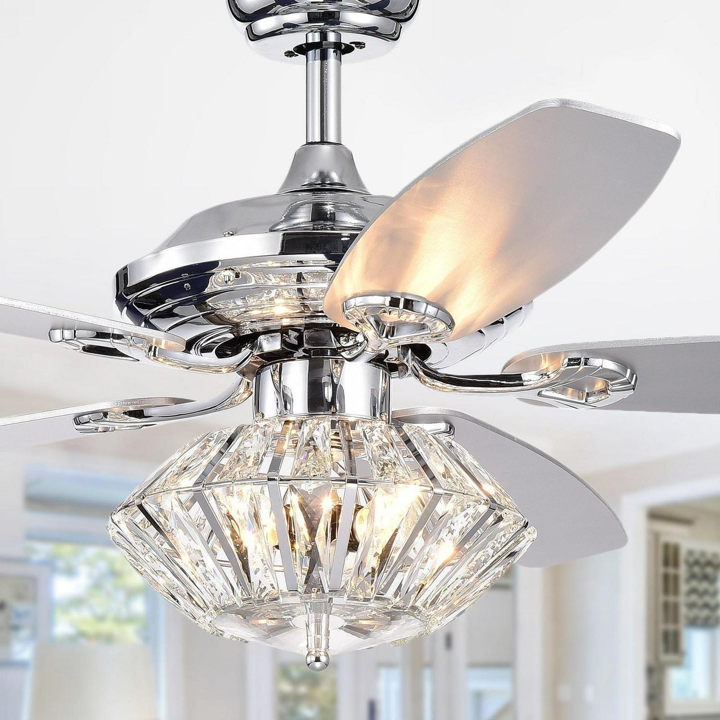 Modern 52in Lighted Ceiling Fan Chrome Finish with Crystal Shade - Remote Ctrl