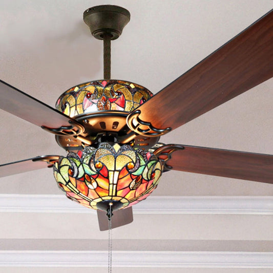 Tiffany Style Stained Glass Ceiling Fan Beautiful Spice Colors 52in - Pull Chain