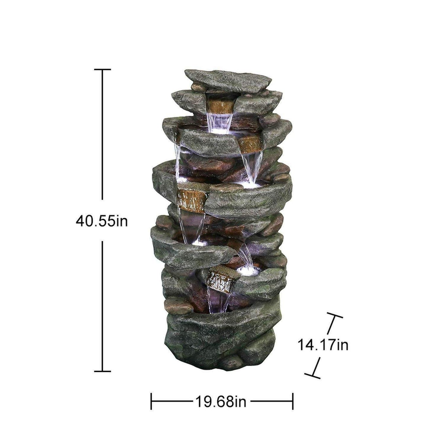 Rock 5-Tier Rock Outdoor Water Fountain: LED Lit, Easy Setup, Durable Polyresin