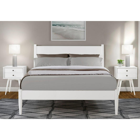 Pine Wood Mid-Century Style Queen Size Panel Bed in White Finish