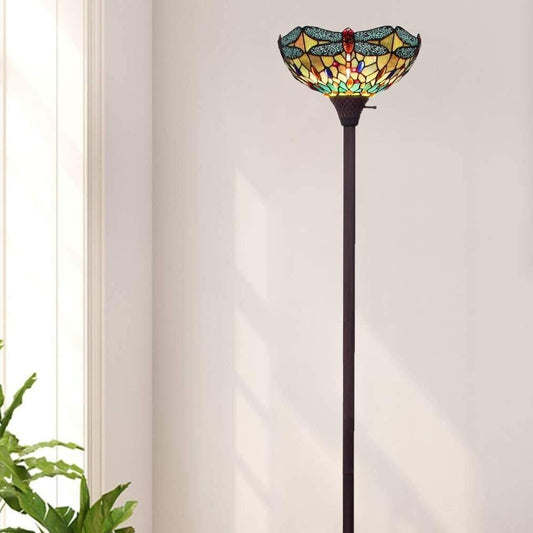 Yellow Torchiere Floor Lamp Stained Glass Tiffany Style Dragonfly Design
