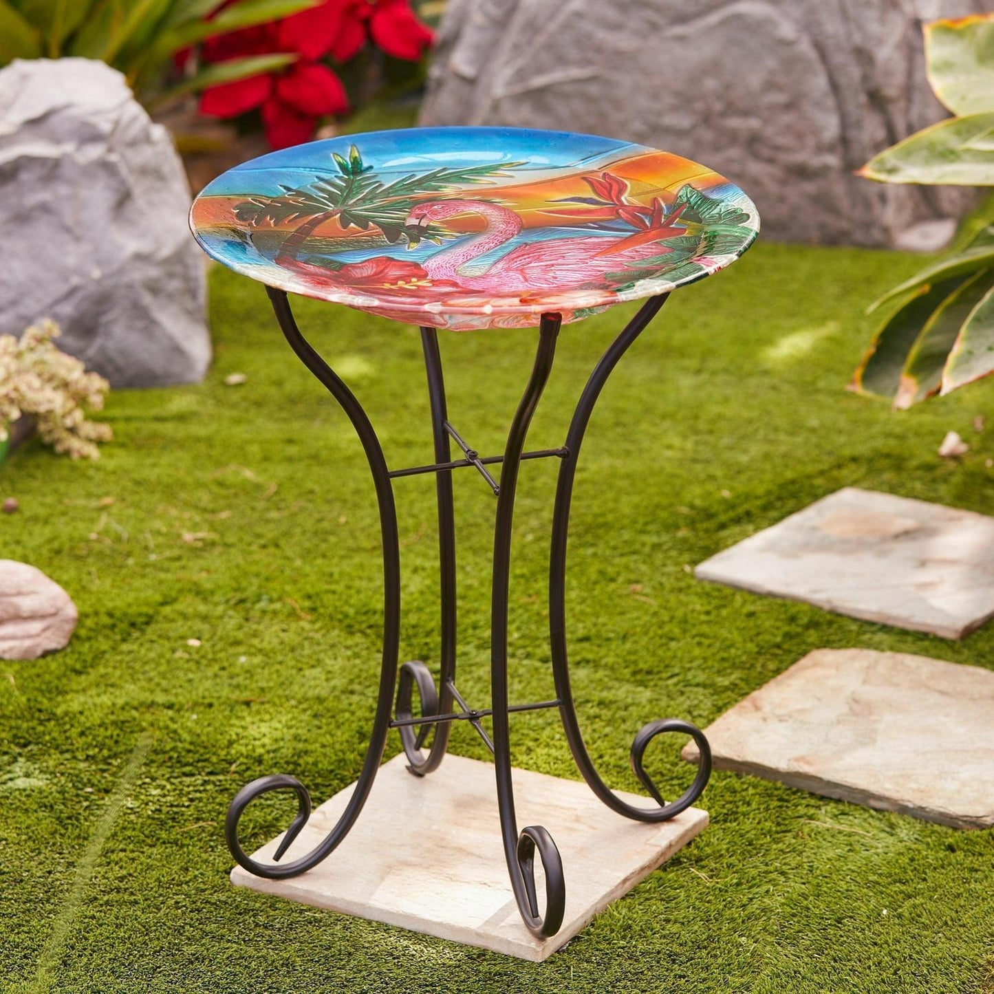 Flamingo Theme Bird Bath with Folding Metal Stand Glass Bowl Birdbath