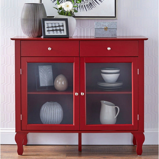 Wood Buffet Storage Display Cabinet w/ Glass Doors in Red Finish