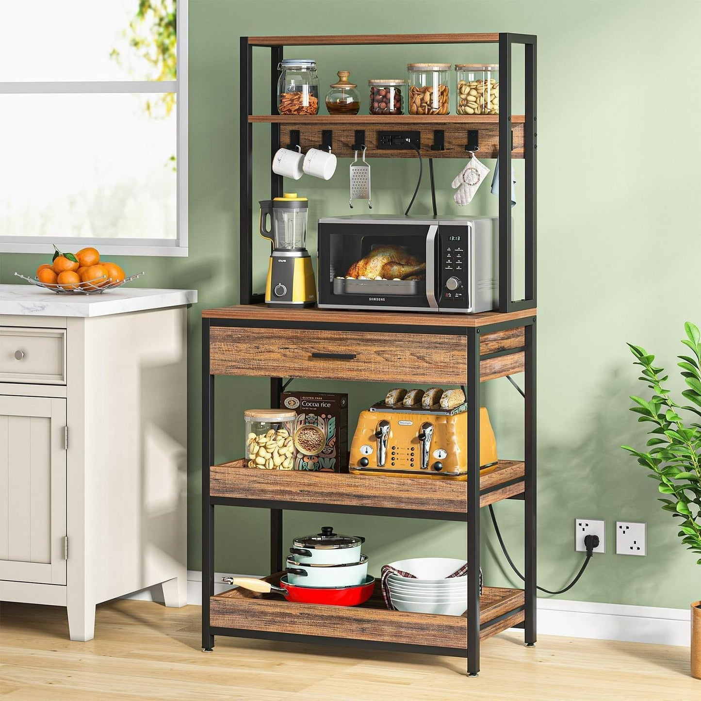 5.5ft 2-Tier Kitchen Baker's Rack w/ Outlets, Rustic Brown Fin - Microwave Stand