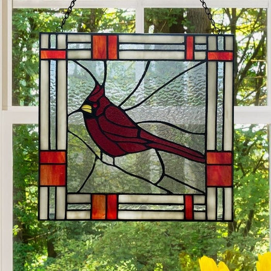 Cardinal Bird Stained Glass Window Panel Suncatcher 75 Handcut Pieces 11in x 11i