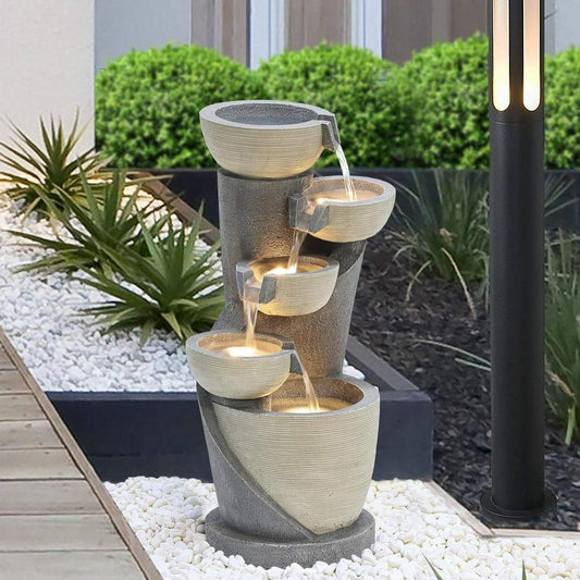 Tranquil Modern Cascading Bowls 4-Tier Outdoor Water Fountain: LED Lit 23inT