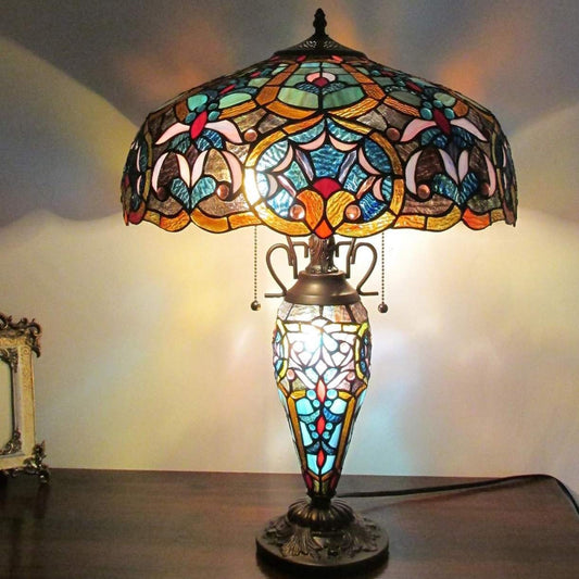 Table Lamp Victorian Theme Tiffany Style Stained Glass Double-Lit Dark Bronze