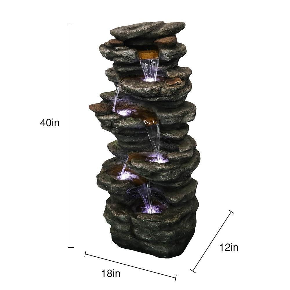 Serene 6-Tier Rock Cascading Water Fountain For Backyard Decor: LED Lit, 40inT