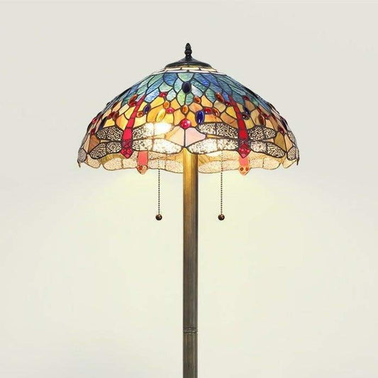 Blue and Gold Stained Glass Tiffany Style Dragonfly Theme Floor Lamp 60inT