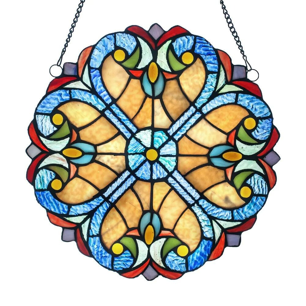 12-In Blue and Red Floral Tiffany top Style Stained Glass Window Panel Suncatcher