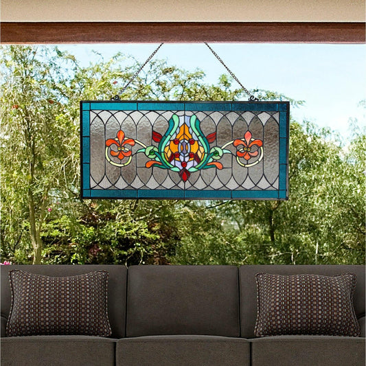 Fleur De Lis Shades of Blue Stained Glass Window Panel Suncatcher 30L x 14H