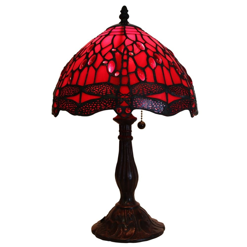 Tiffany Style Dragonfly Table Lamp Red Stained Glass & Bronze Fin Base 16in