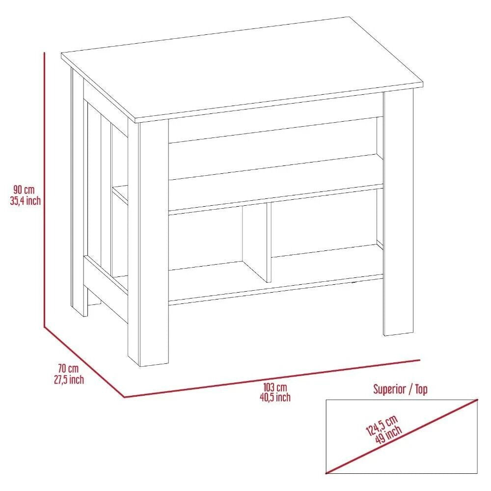 Kitchen Island Table With Open Lower Storage White Finished/Grey Stone Fin Top