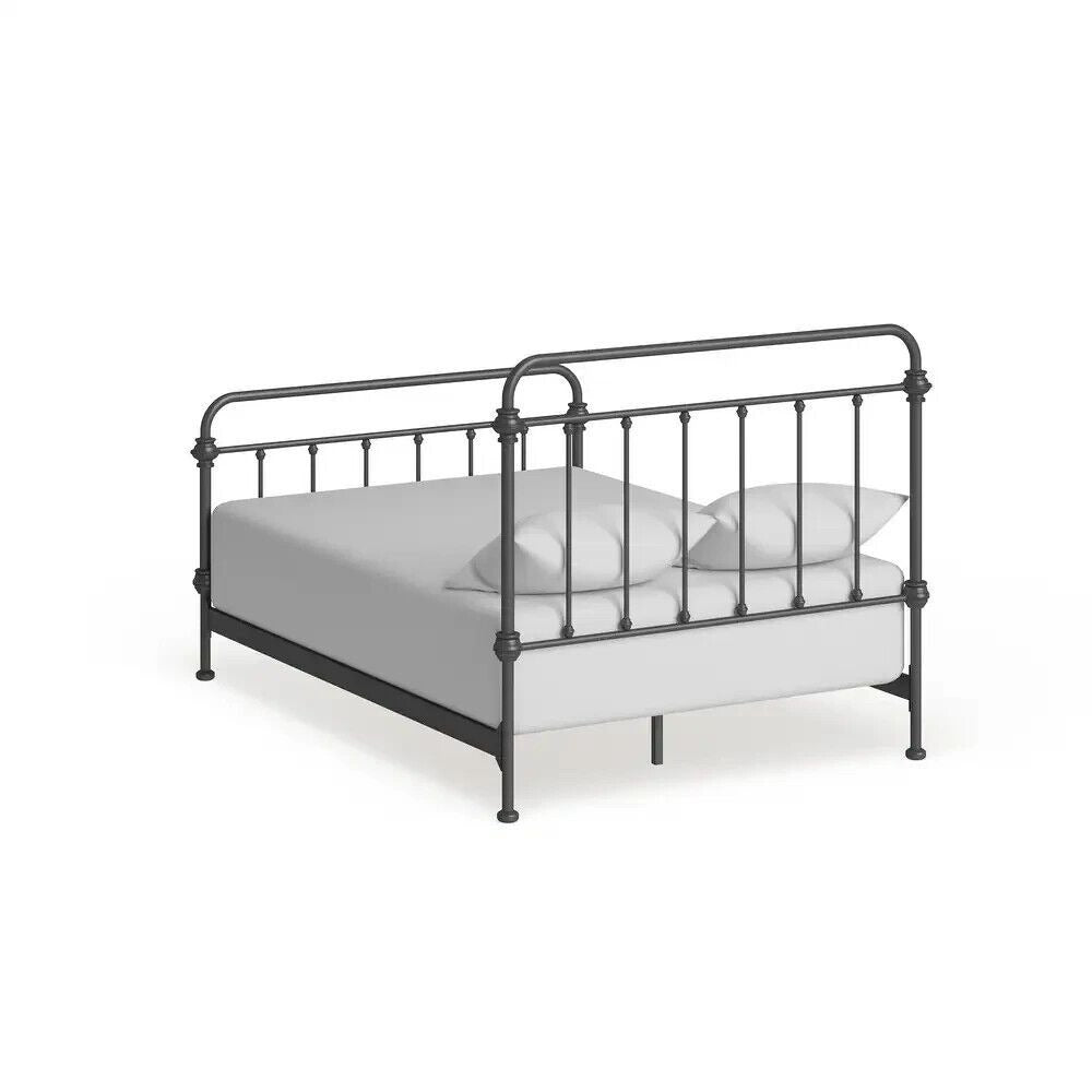 Antique-Style Iron Bed Frame with Flowing Curved Spindle Design, Grey, Full Sz