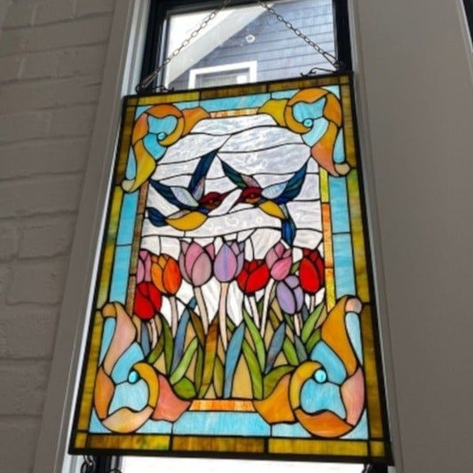 Tulip and Bird Theme Stained Glass Window Panel Suncatcher 24.6x17.6 in