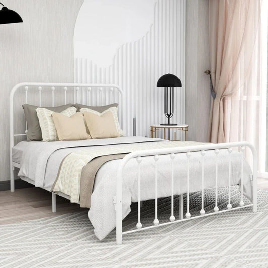 Full Size Bed Frame Metal Platform Bed Frame with Headboard & Footboard White