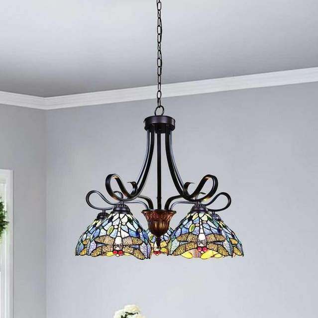 Dragonfly Design Hanging Pendant Ceiling Light White Tiffany Style Stained Glass