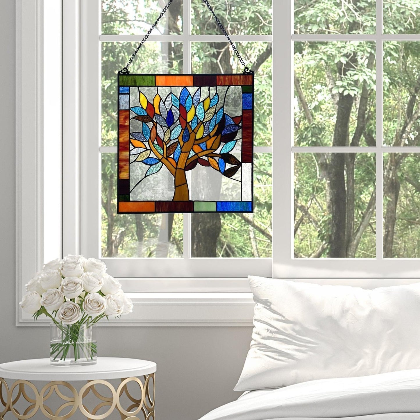 Tiffany Style Colorful World Tree Stained Glass 18in Window Panel Suncatcher