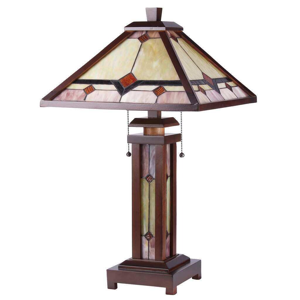 Dark Walnut Wood Finish Tiffany Style Mission Stained Glass 2 Light Table Lamp