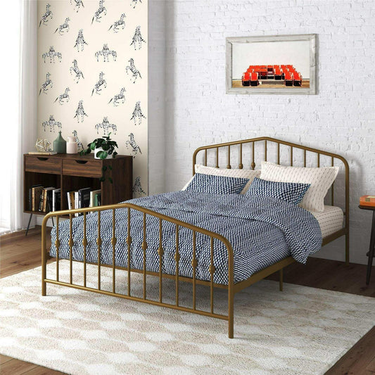 Gold Finish Metal Platform Bed in Off White Decorative Spindles QUEEN Size