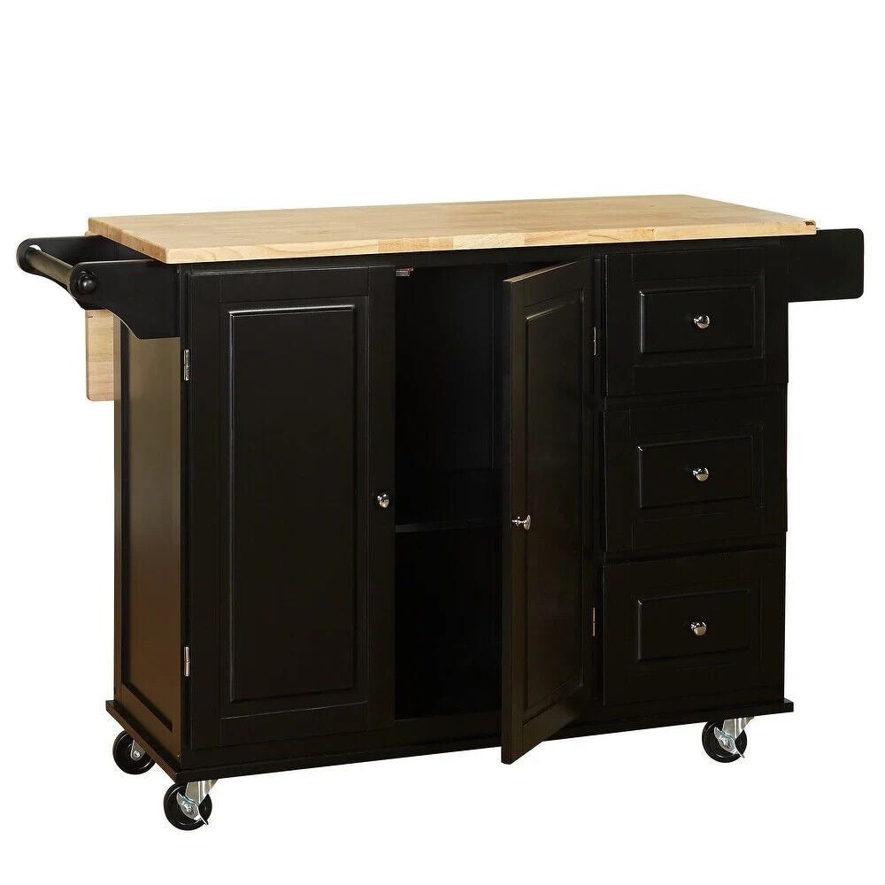 Black Kitchen Cart Rolling Island Cabinet - Natural Finish Wood Top & Drop Leaf