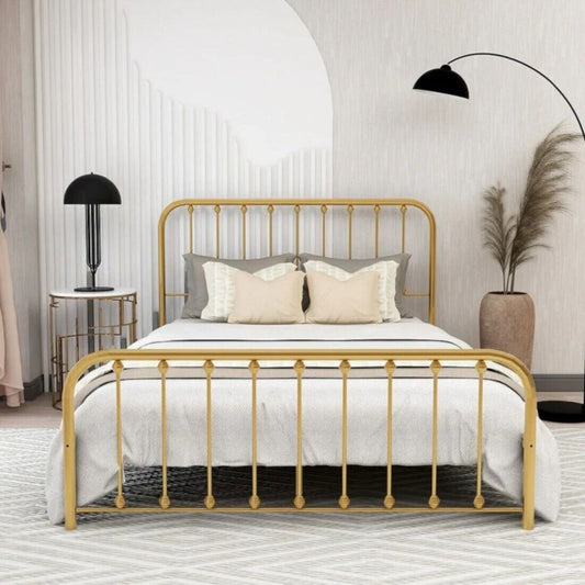 Queen Size Bed Frame Metal Platform Bed Frame with Headboard & Footboard Gold