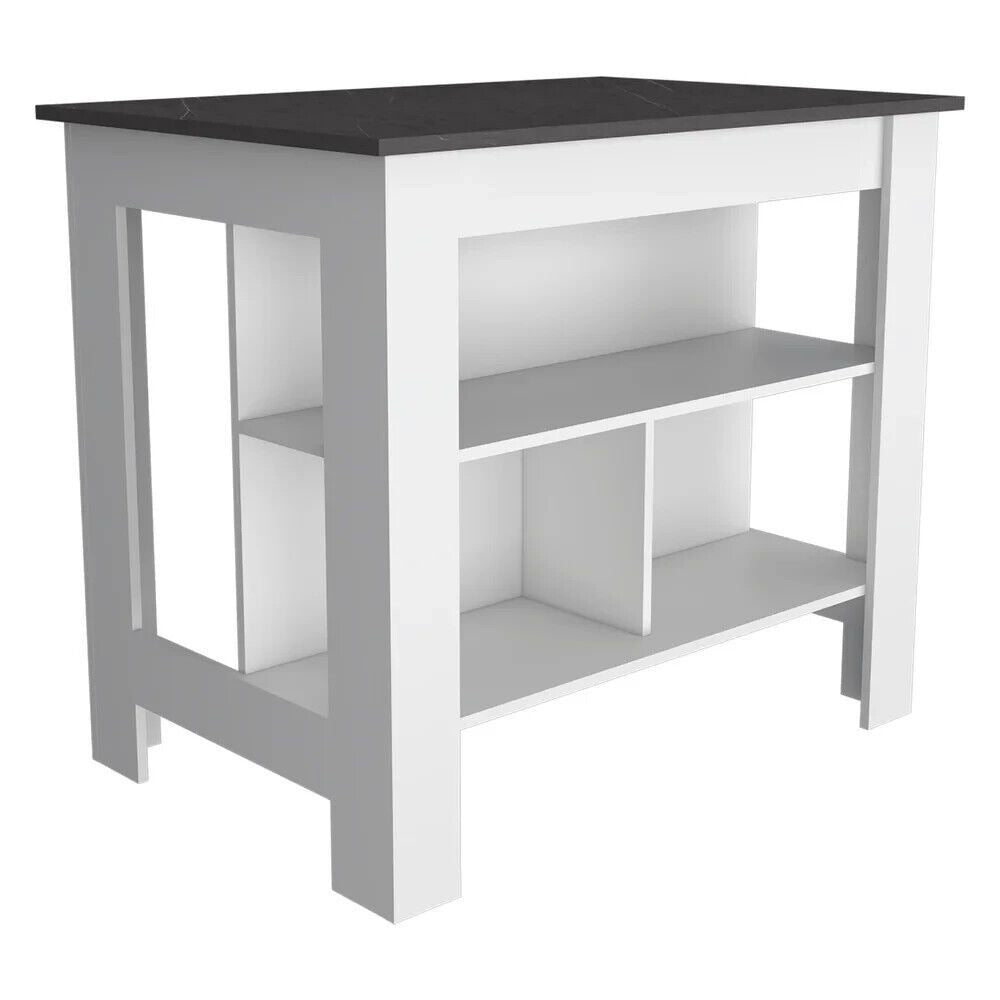 Kitchen Island Table With Open Lower Storage White Finished/Black Onyx Fin Top