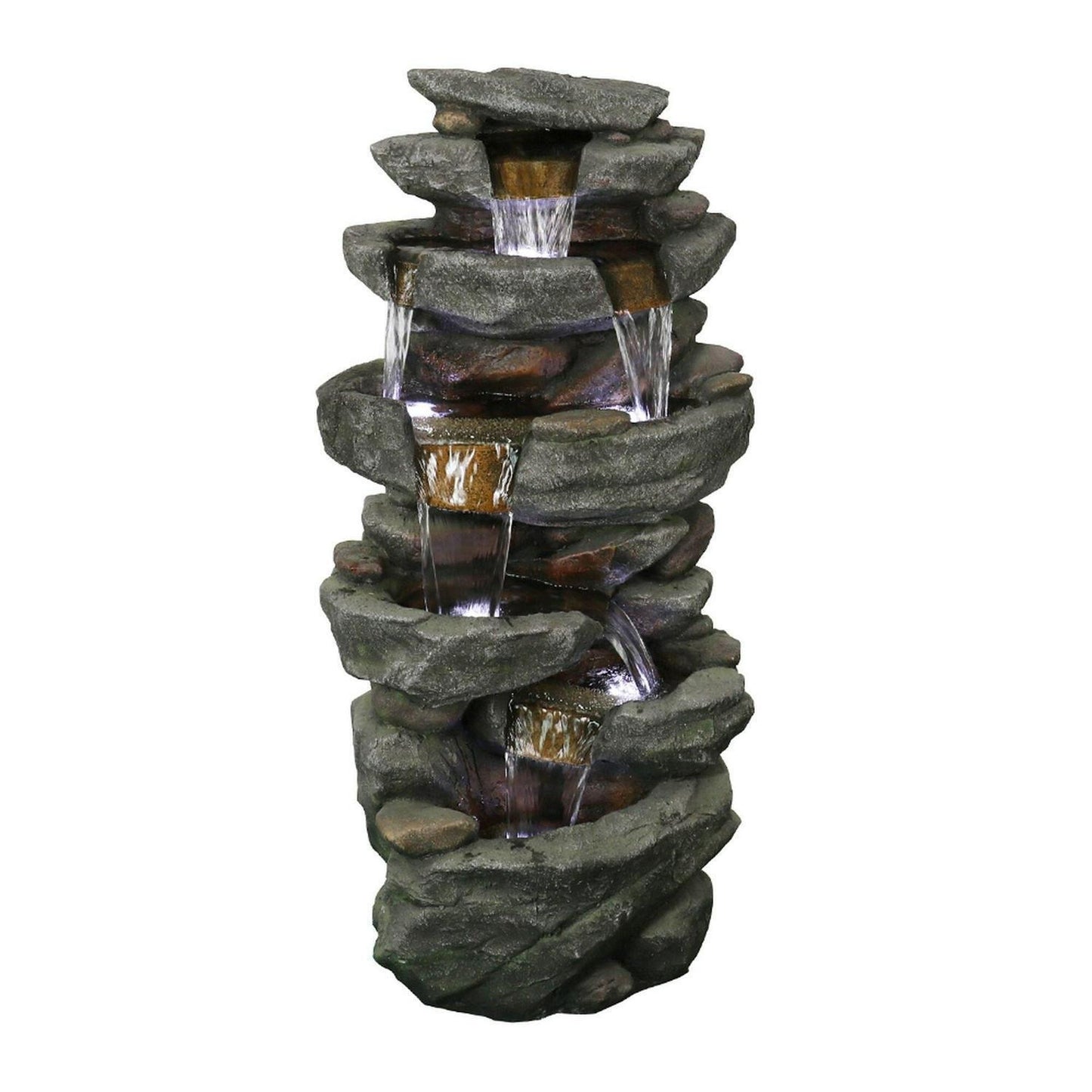 Rock 5-Tier Rock Outdoor Water Fountain: LED Lit, Easy Setup, Durable Polyresin