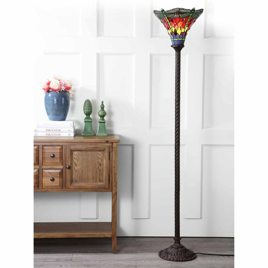 Tiffany Style Multicolr Stained Glass Traditional Dragonfly Torchiere Floor Lamp