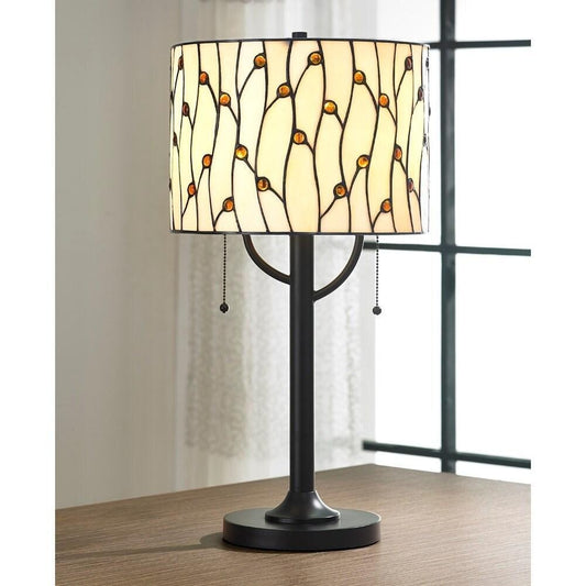 Stained Glass Drum Shade Crème Vines Table Lamp Accent Reading Tiffany Style