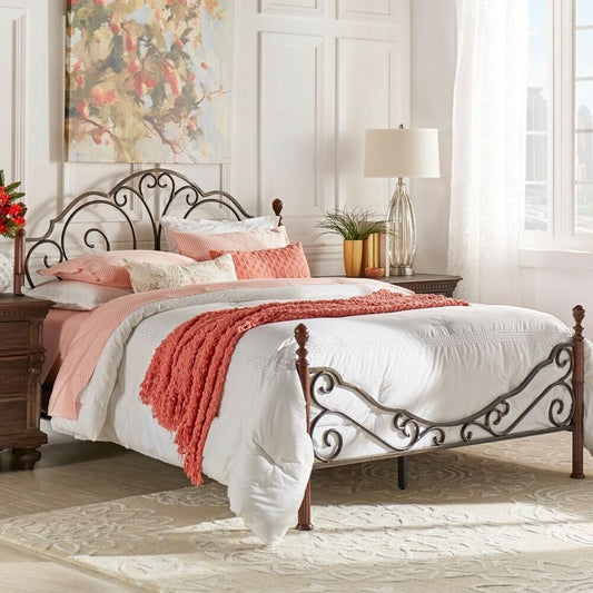 QUEEN Size Scroll Cherry Bronze Finish Iron Bed Vintage Headboard and Footboard