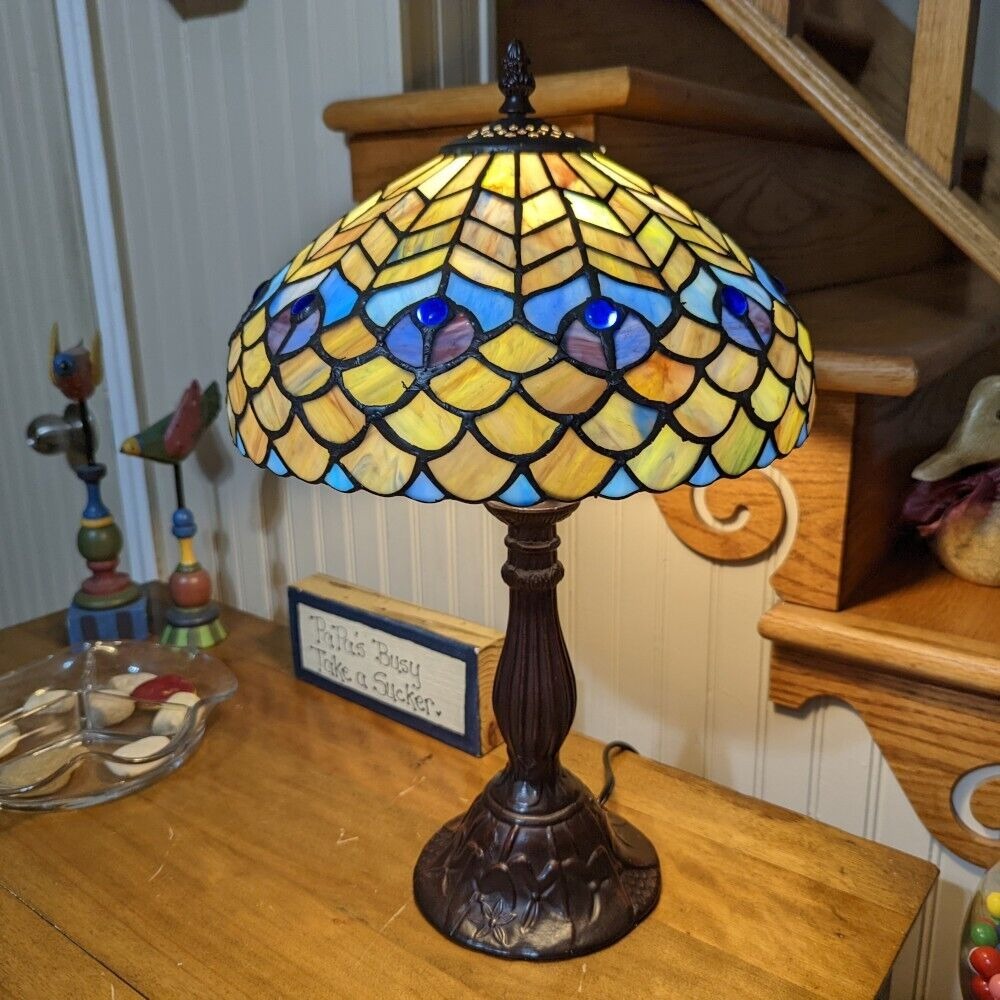 Table Lamp Peacock Theme Tiffany Style Stained Glass Accent Table Lamp 18in Tall