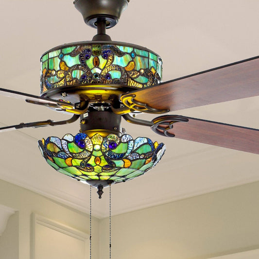 Tiffany Style Stained Glass Green Ceiling Fan 52in Wide - Pull Chain